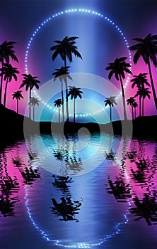 Empty dark tropical background of night sea beach, neon light, city lights. Silhouettes of tropical palm trees