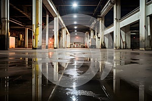 Big empty, wet dark warehouse, Generative Ai