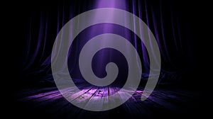 empty dark wooden stage illuminated by a focused purple spotlight with dramatic curtains in the background. photo