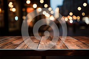 An empty dark wooden table with a restaurant bokeh backdrop
