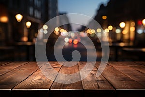 An empty dark wooden table with a restaurant bokeh backdrop