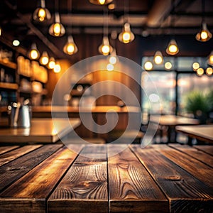 Empty dark wooden table in restaurant photo