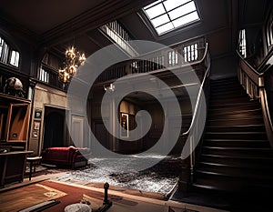 Empty decaying hall in abandoned house. Dark wooden panels, cracking windows, misshaped floor. Digital illustration. CG