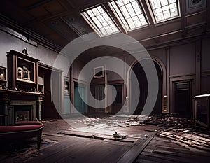 Empty decaying hall in abandoned house. Dark wooden panels, cracking windows, misshaped floor. Digital illustration. CG