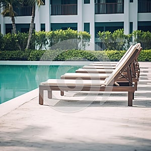 Empty deck chair around outdoor swimming pool in hotel resort for leisure vacation.