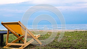 Empty deck chair .Beautiful color chairs on the beach .blue sky