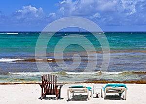 Empty deck chairs, empty beach and no people in the water in times of the Corona Virus