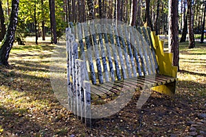 Empty decorated wooden bench in a fall park. Fallen yellow leaves on the ground. Sunny fall day