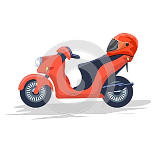 Empty delivery courier motorcycle or scooter and helmet on it. Flat and solid color cartoon style vector illustration.