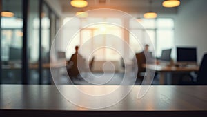 Empty desk in blurred modern open space office with programmers working