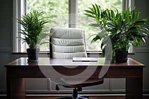 an empty desk with an office chair turned toward a lush green indoor plant
