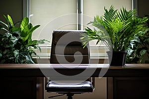 an empty desk with an office chair turned toward a lush green indoor plant