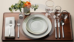 Empty dining table with elegant crockery, silverware, and wineglass decoration generated by AI