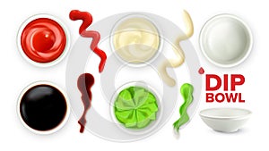 Empty Dip Bowl And Full With Sauce Set Vector