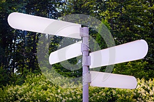 Empty direction sign in a public park. Blank arrows pointing the way outside on a sunny day