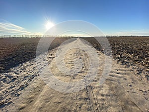 Empty dirt road under blue skies on a sunny day