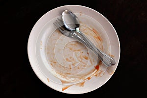 Empty and dirty dish after eating food, plate fork and spoon