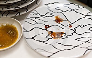 Empty dirty plate after Futomaki with soy sauce. White trendy modern fashionable dirty plate, top view or flat lay