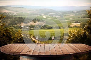 Empty Display Case For A Cosmetic Or Food Product. Wooden Podium Tabletop Blurs The Picturesque Vineyard And Rolling Hills