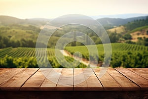 Empty Display Case For A Cosmetic Or Food Product. Wooden Podium Tabletop Blurs The Picturesque Vineyard And Rolling Hills
