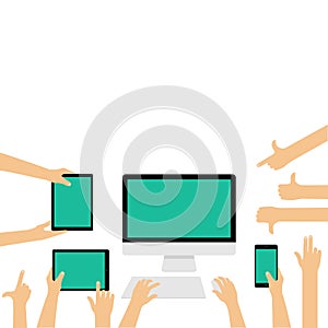 Empty display screens of different devices with hand gestures