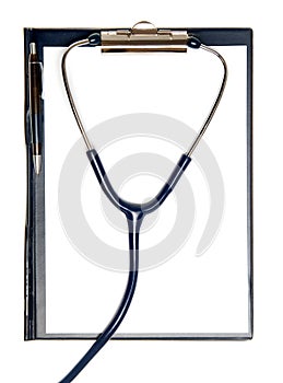 Empty document in a clipboard and stethoscope
