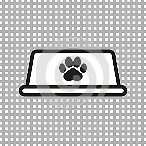 Empty dog food bowl icon with paw print. Black and white line vector illustration.