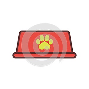 Empty dog food bowl icon with paw print. Vector illustration.