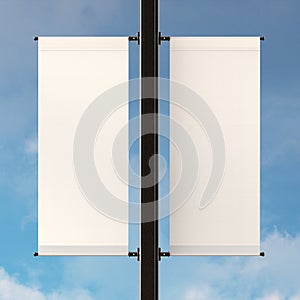 Empty Double Lamp Post Banners on Sky Background. Standard Size of Canvas.