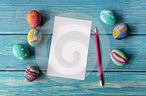 Empty Easter card and Colorful Easter eggs. Easter festive holidays concept