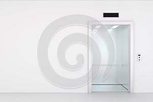 Empty elevator hall interior with waiting lift and grey walls