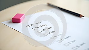Empty exam desk with multiple-choice answer sheet, sharpened pencil, and eraser