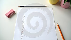 Empty exam desk with multiple-choice answer sheet, sharpened pencil, and eraser