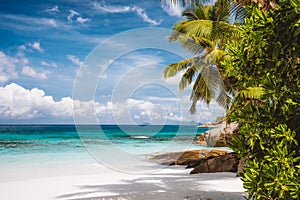 An empty exotic tropical sandy beach on Mahe Island,Seychelles islands. Famous vacation destination in summer season