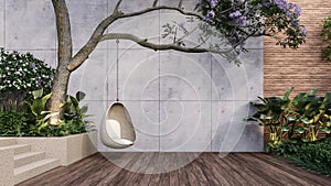 Empty exterior concrete wall with wicker swing hang on the tree 3d render