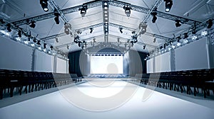 Empty Fashion Show Runway Awaits Models and Guests. Professional Event Venue Design. Ready for Glamorous Showcase. AI