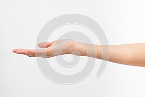 Empty female woman hand holding isolated on white