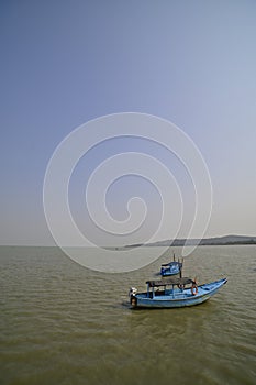 Empty ferries on Chilika lake in summer season, India.