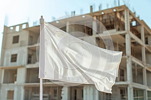 empty flag mockup waving in front of a halffinished building