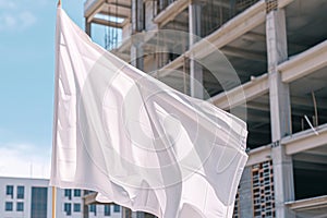 empty flag mockup waving in front of a halffinished building