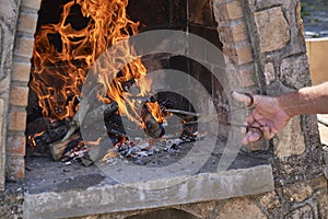 Empty flaming charcoal grill with open fire, ready for product placement