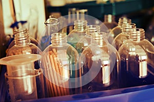 Empty flasks and test tubes in the cabinet of the school chemistry and biolgy class