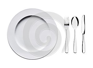 Empty flat plate with spoon, knife and fork isolated on white background.