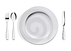 Empty flat plate with spoon, knife and fork isolated on white background.