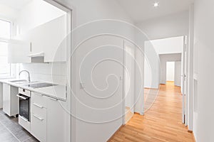 Empty flat, white kitchen and wooden floor