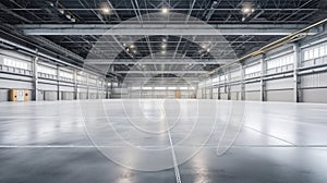 Empty floor, interior of industrial, commercial building. Construction by metal, steel, concrete. Modern factory, warehouse,