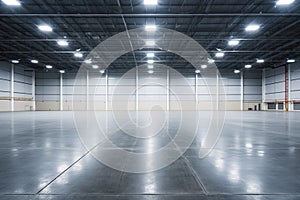 Empty floor, interior of industrial, commercial building. Construction by metal, steel, concrete. Modern factory, warehouse,