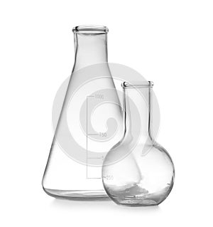 Empty Florence and conical flasks. Laboratory glassware