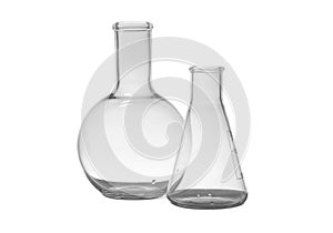 Empty Florence and conical flasks on white. Laboratory glassware