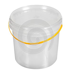 Empty food packaging bucket transparent plastic closed lid